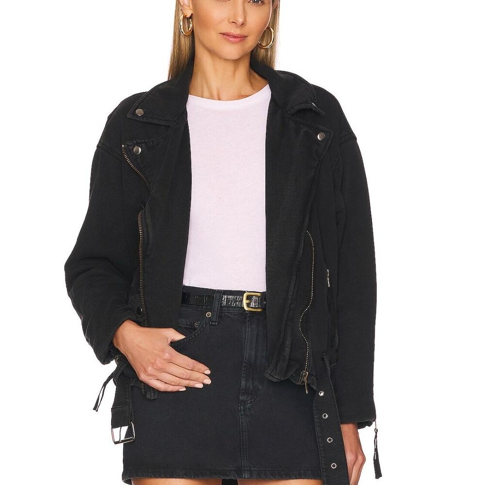 We the Free People Rebel Knit Oversized Cotton Biker Zip-Up Edgy Black Jacket